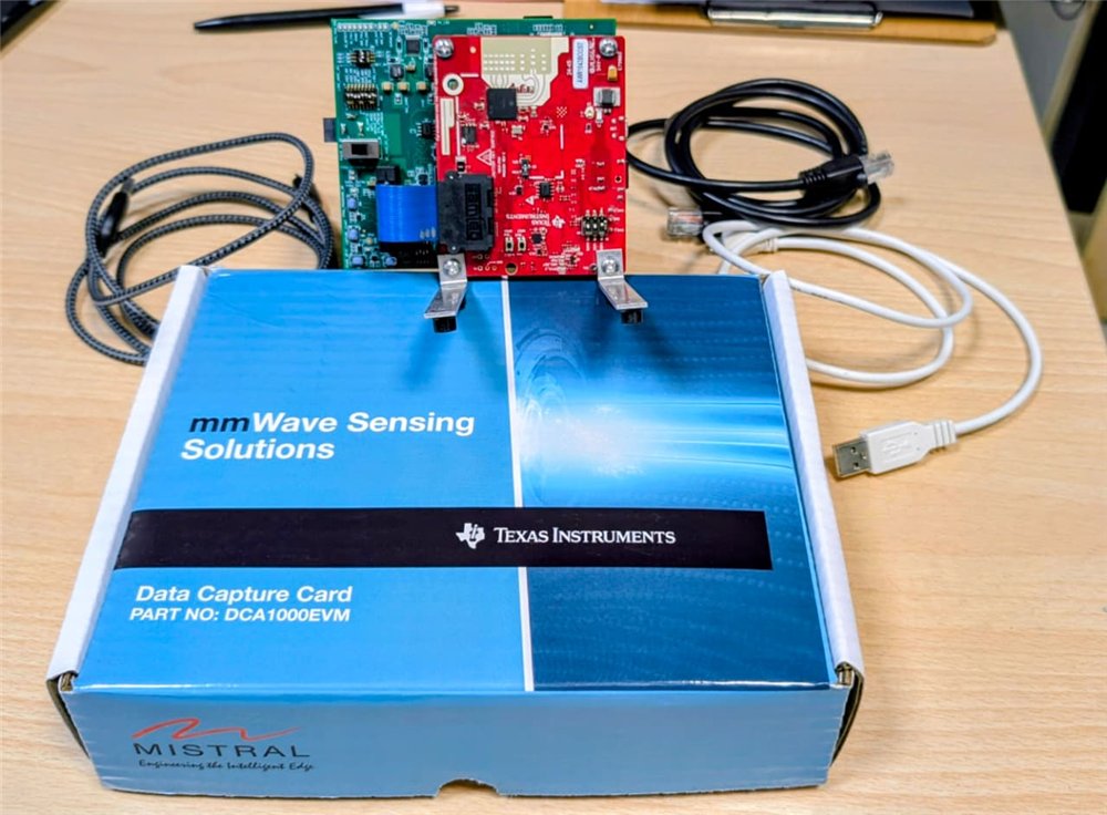 AWR1843BOOST mmWave radar sensor board mounted on a Texas Instruments data capture card