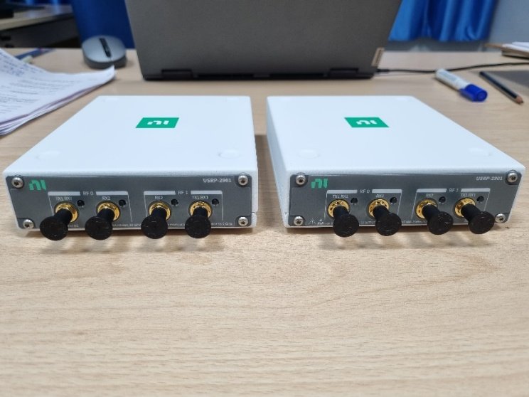 Two NI USRP-2901 software-defined radios, front panels showing the RF connectors
