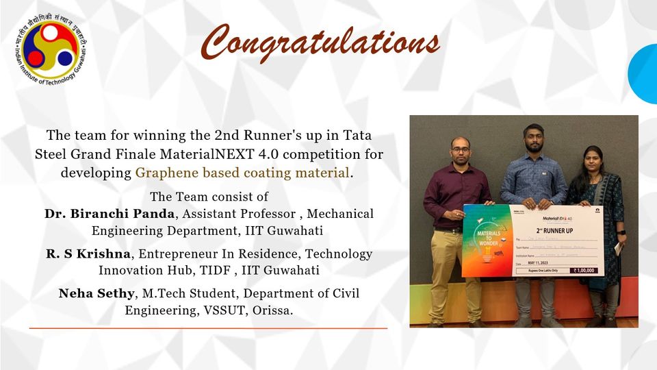 Congratulations to Dr. Birinchi Panda and team for winning the 2nd Runner&#39;s up in Tata Steel Grand Finale MaterialNEXT 4.0 competition