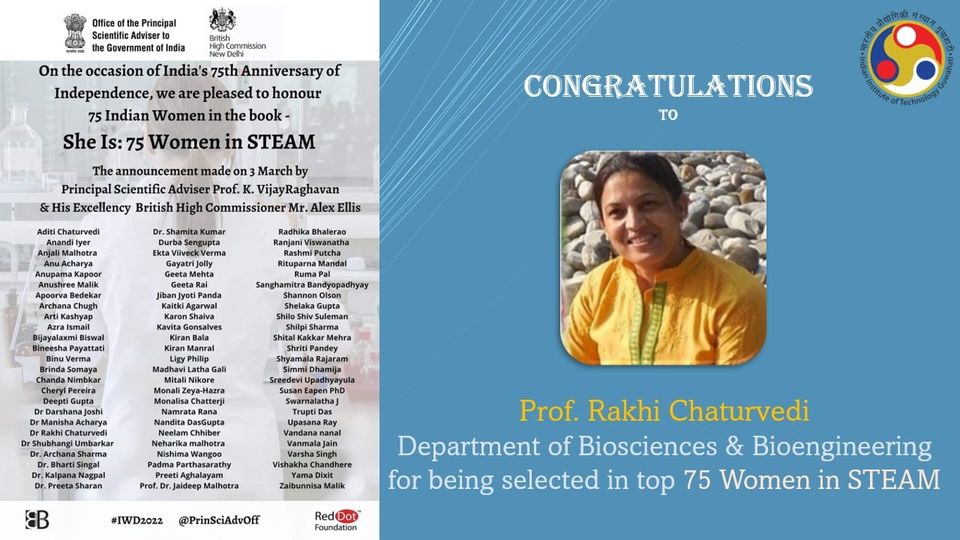 Congratulations to Prof. Rakhi Chaturvedi for being selected in the top 75 Women in STEAM