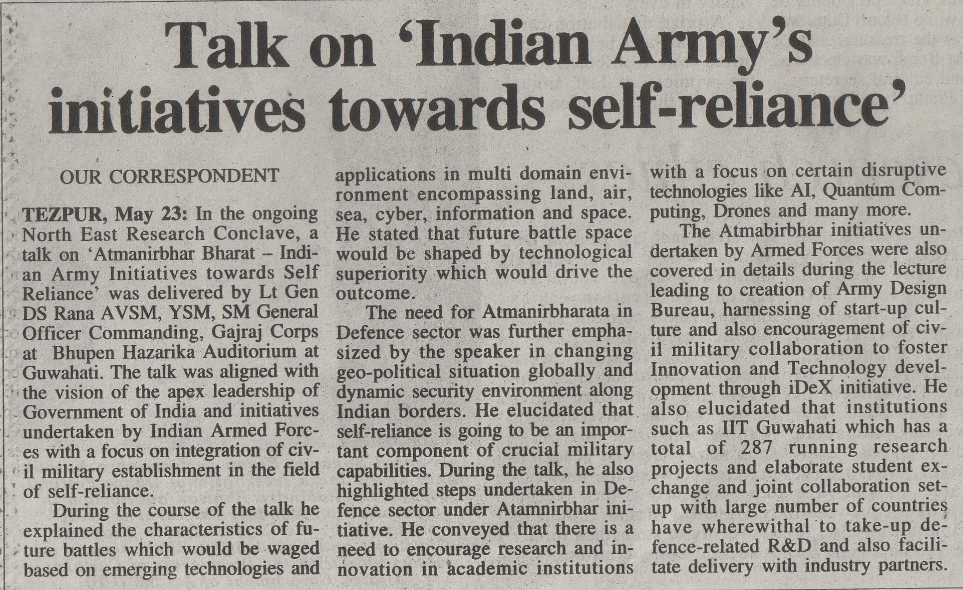 Talk on &#39;Indian Army&#39;s initiatives towards self-reliance&#39;