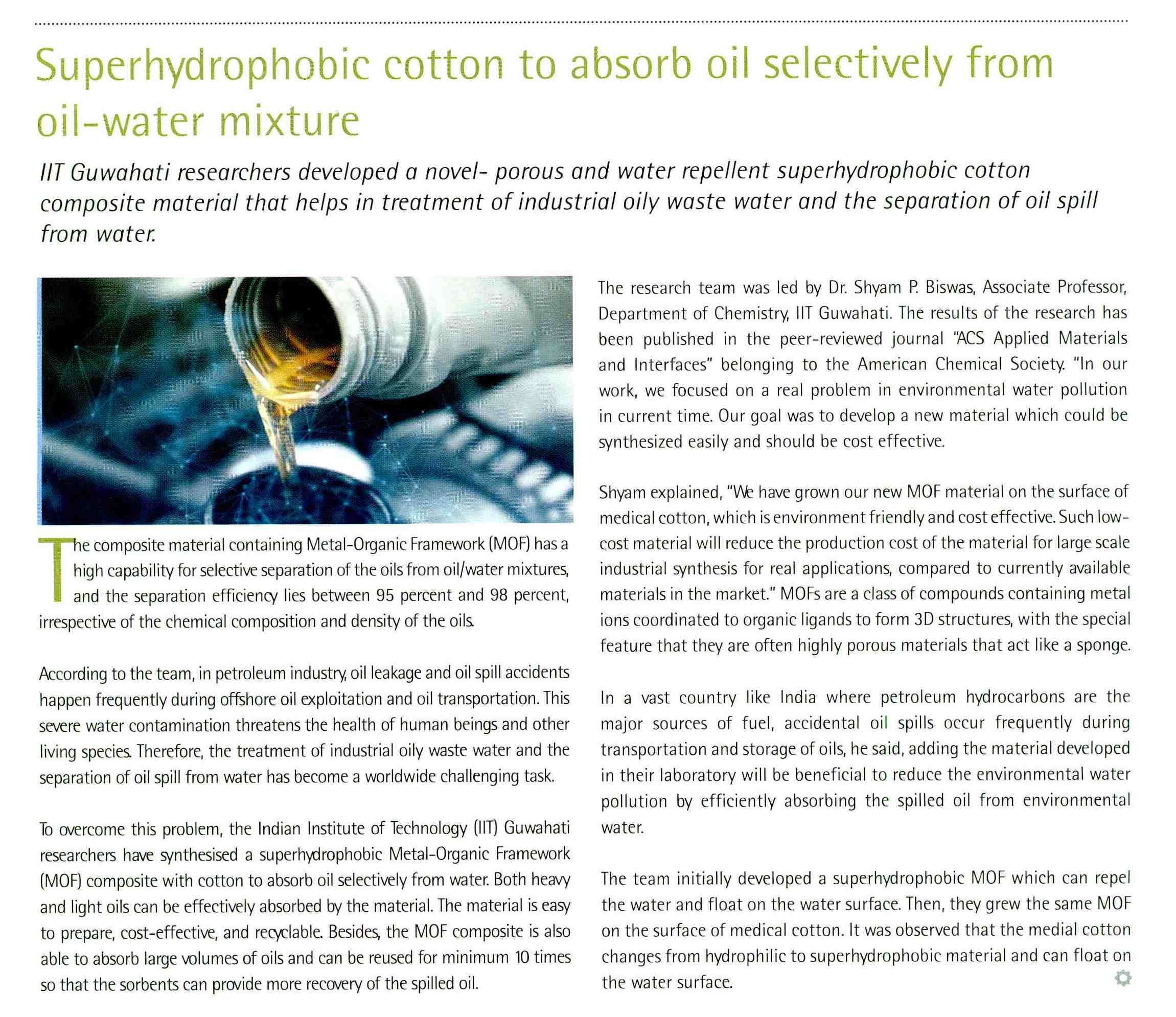 Superhydrophobic cotton to absorb oil selectively from oil-water mixture
